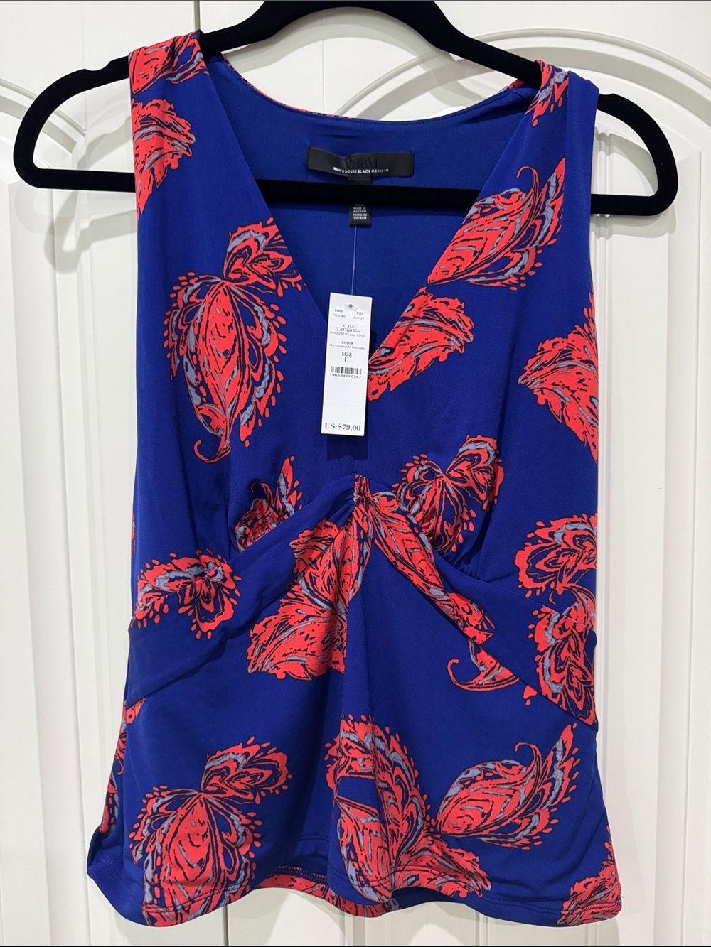 White House Black Market Royal Blue & Red Knot-Front Paisley Camisole,